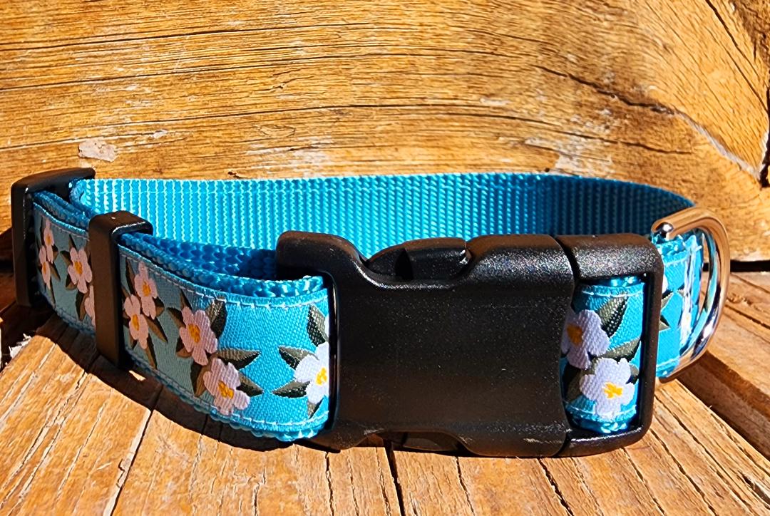1" Blue Floral Dog Collar, Leash, or Martingale - 1" wide image 1