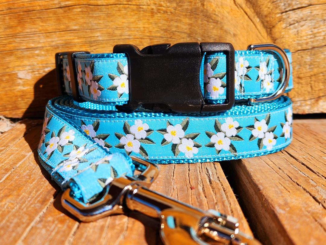 1" Blue Floral Dog Collar, Leash, or Martingale - 1" wide image 0