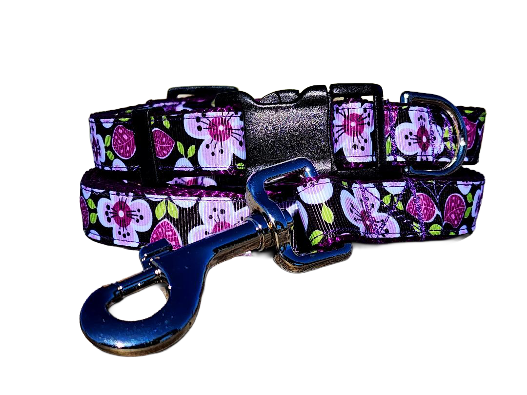 3/4" Purple Flower Dog Collar or Leash